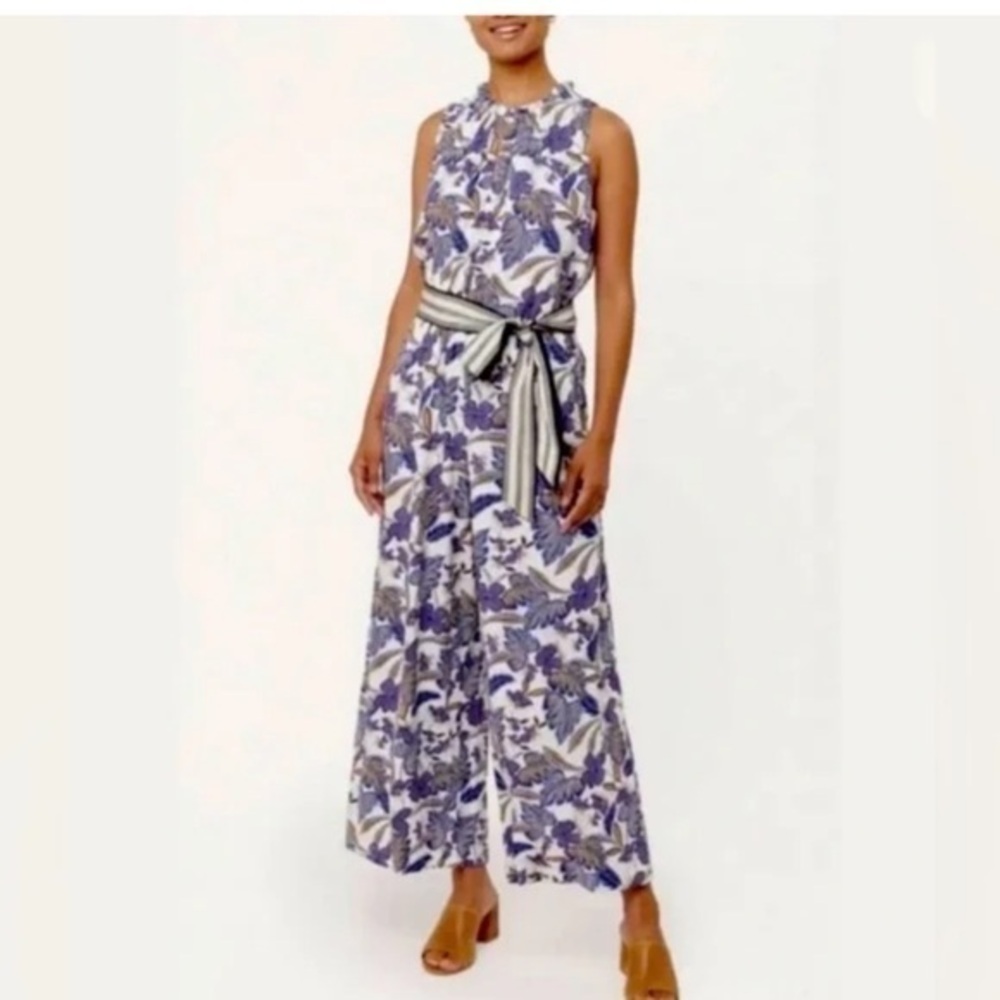 LOFT Purple linen tropical floral print Ruffle Neck Jumpsuit Wide Leg large - Picture 1 of 11
